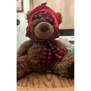 Aurora World Plush Teddy Bear with Red Plaid Hat and Scarf